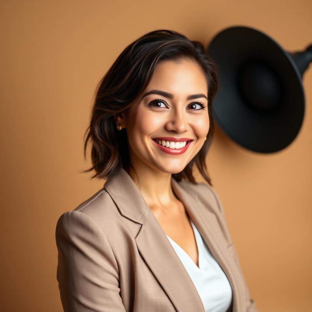 Portrait corporatif d'une femme souriante sur fond beige en studio